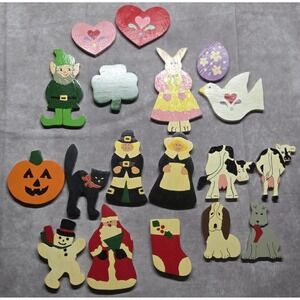 Vintage Lot of 18 Hand Painted Wooden Pieces Holiday Cottagecore Country